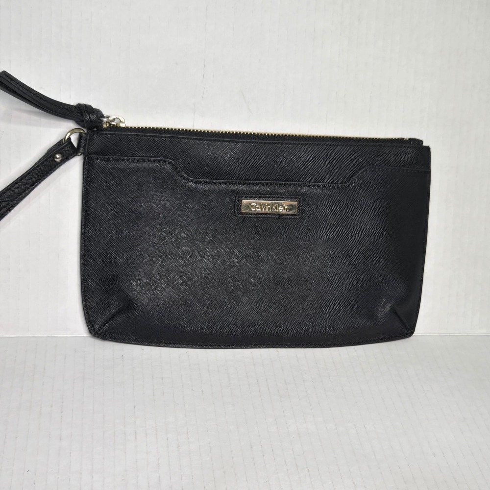 Calvin Klein Black Saffiano Leather Wristlet Clutch Gold Logo Zip Top Bag